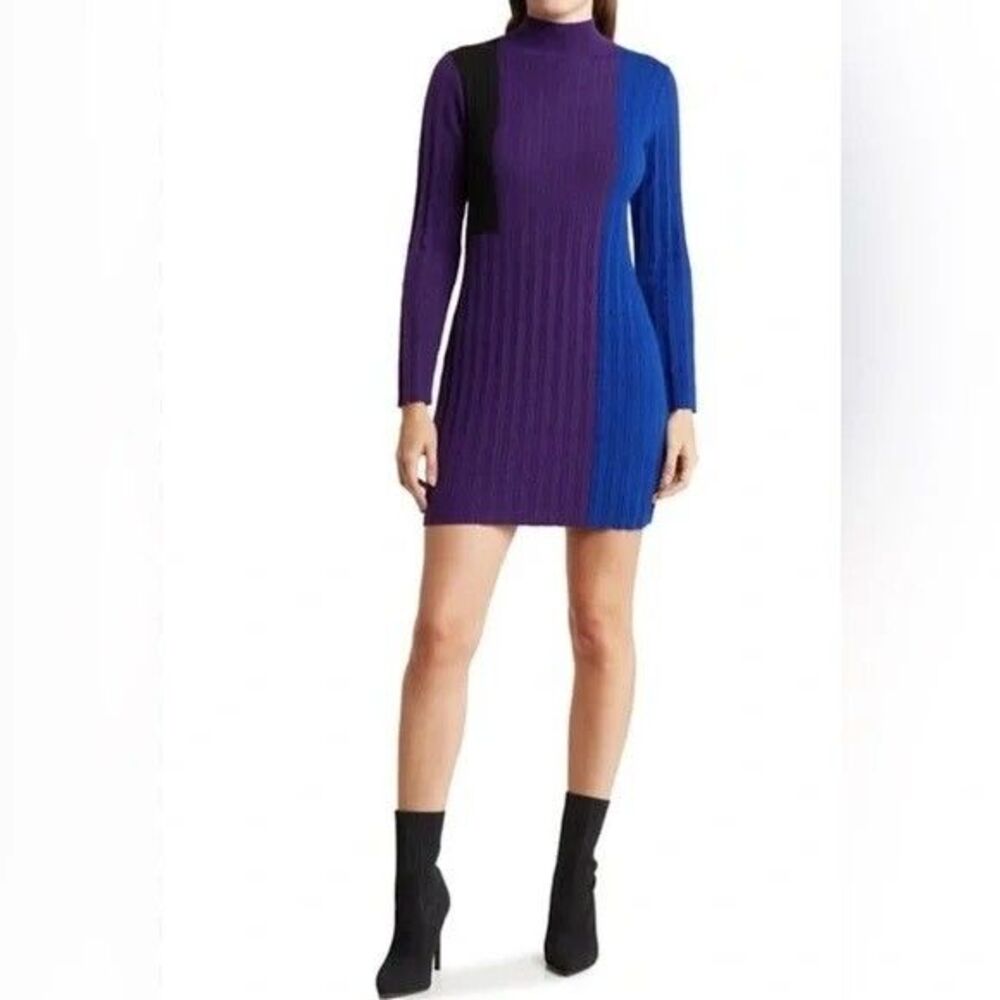 AREA STARS Colorblock Knit Long Sleeve Mini Dress M Purple Bodycon NWT B46